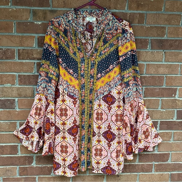 Umgee Boho Gypsy Bell Sleeve Babydoll Mini Swing Dress Size Small - Picture 4 of 13